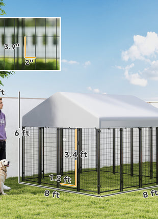Outdoor Dog Kennel with Roof, 8' x 8' x 6' Heavy Duty Welded Wire Dog Playpen Enclosure with Escape-proof Lock