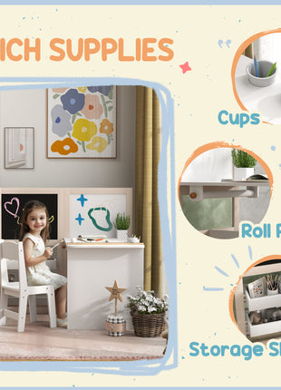 3 in 1 Kids Table and Chair Set with Storage, Whiteboard, Blackboard & Roll Paper for 3-8 Years, White