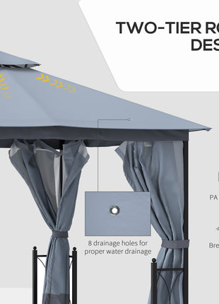 13x11 Gazebo with Sides, with Curtains, Removable Netting, Double Vented Roof, 8 Drainage holes, Aluminum Frame and Hooks, for Garden, Backyard, Patio, Gray