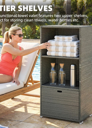 Valet Pool Towel Rack, Water-Resistant PE Plastic Rattan Wicker Storage Organizer, 2 Shelves, 1 Basket Drawer, Dark Gray