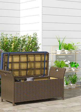 Outdoor Patio Wicker Storage Bench, 2-In-1 Rattan Patio Furniture, 29 Gal Storage Box w/ Cushion, Dark Blue