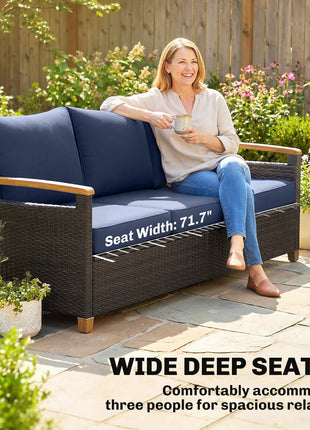 3 Seater Outdoor Couch Sofa, PE Wicker Patio Sofa, Wide Deep Seat, 4" Cushions, Wood-Effect Armrests Legs, Dark Blue