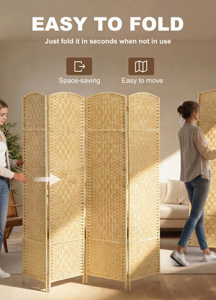 Folding Room Divider Screen 4 Panel 6' Tall Privacy Screen Freestanding Wood Partition for Home Office, Nature Wood