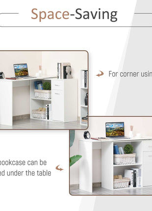 L Shaped Computer Desk, 180° Rotating Corner Desk with Storage Shelves, Drawer and Cabinet, Study Workstation for Home Office, 47.25"x19.75"x 53.75", White