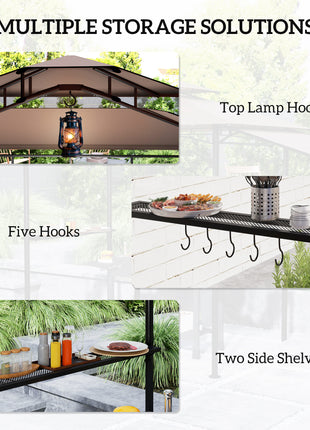 8' x 5' Outdoor Grill Gazebo, Barbecue Gazebo Shelter with Side Awning, 2 Side Shelves and 6 Hooks, Brown