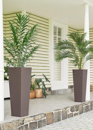 32 Inch Tall Planters for Outdoor Plants, Set of 2 Plastic Flower Pots with Drainage Holes, Brown