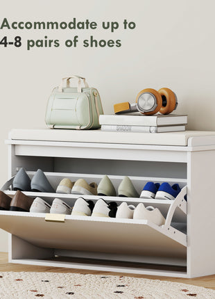 Shoe Storage Bench with Padded Seat Cushion and Flip-Drawer, Entryway Bench, Shoe Cabinet, 31.5x10.2x18.7 Inches, White
