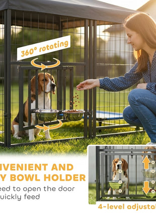 5.9' x 5.9' x 6' Outdoor Dog Kennel with Roof, Rotating & 4-Level Adjustable Bowls