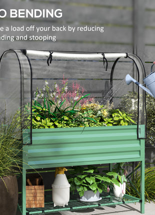 Raised Garden Bed with Legs and Cover, Metal Elevated Planter Box with Bottom Shelf and Liner for Vegetables, Green