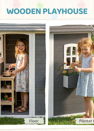 Outdoor Wooden Playhouse for Kids with Floor, Door, Windows, Planter Box for 3-8 Years Old, Backyard, Lawn, Garden