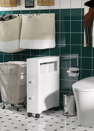 6.25" x 20.5" x 28.25" Wood Rolling Narrow Bathroom Side Storage Cabinet - White