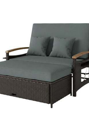 Rattan Outdoor Daybed w/4-Level Adjustable Backrest, Patio Sofa Bed w/Storage Ottoman, Acacia Wood Armrest, Mixed Gray