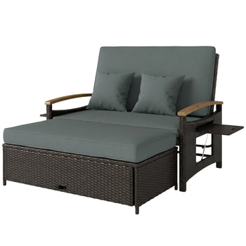 Rattan Outdoor Daybed w/4-Level Adjustable Backrest, Patio Sofa Bed w/Storage Ottoman, Acacia Wood Armrest, Mixed Gray