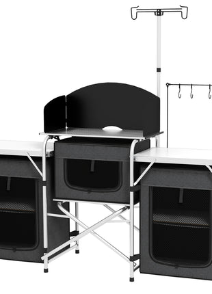 Aluminum Camping Kitchen, Portable Folding Camping Table with Fabric Cupboards, Windshield, Bag for BBQ, Picnic, Black