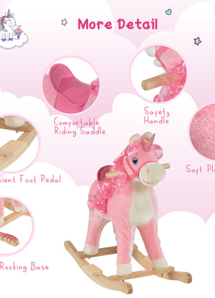 Kids Rocking Horse, Ride on Unicorn with Wooden Base, Tail Wag & Sounds for Toddlers 3-6 Years Old, Pink