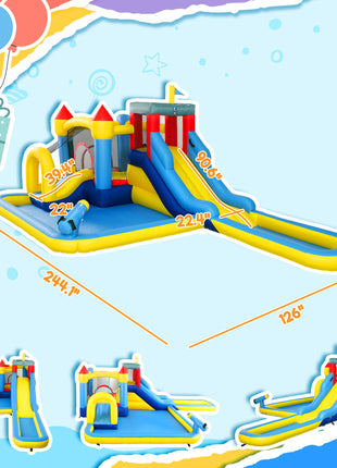 6 in 1 Inflatable Water Slide Park with Splash Pools, 2 Slides, Trampoline, Climbing Wall, Cannon, Basketball Hoop