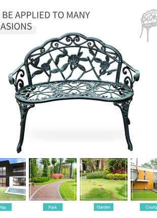 Outdoor Bench, Cast Aluminum Outdoor Furniture, Metal Bench with Floral Rose Accent & Antique Finish, Green