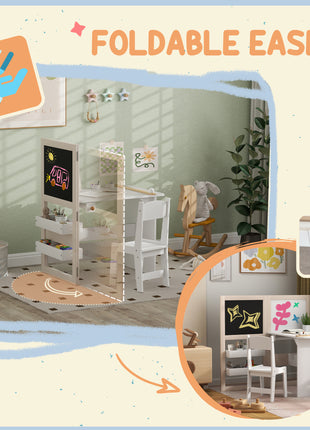 3 in 1 Kids Table and Chair Set with Storage, Whiteboard, Blackboard & Roll Paper for 3-8 Years, White