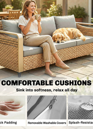 Rattan Wicker Sofa 3-Seater Outdoor Patio Sofa with Cushions for Garden Backyard Porch Gray