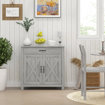 Farmhouse Sideboard Cabinet with Barn Doors Kitchen Buffet Cabinet with Drawer and Adjustable Shelf Stone Gray