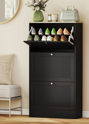 Modern Shoe Storage Cabinet with 3 Flip Drawers and Adjustable Shelves for 12-18 Pairs of Shoes, Black
