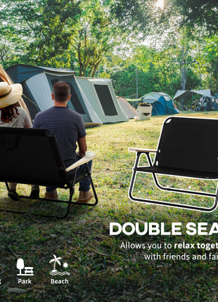 Double Folding Camping Chair, Loveseat for 2 Adults, Portable Camping Couch with Wood Armrest & Cupholders, for Backpacking, Beach, Sports Travel, Black