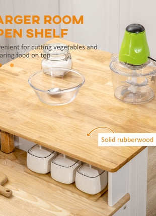 Kitchen Island with 2-Level Rubber Wood Tabletop, Island Table with Adjustable Shelves and Drawers, White