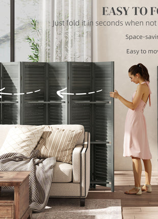 6 Panel 67" Tall Wood Privacy Screen Room Divider with 3 Shelves and Folding Storage for Bedroom, Gray