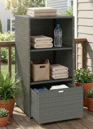 Valet Pool Towel Rack, Water-Resistant PE Plastic Rattan Wicker Storage Organizer, 2 Shelves, 1 Basket Drawer, Dark Gray