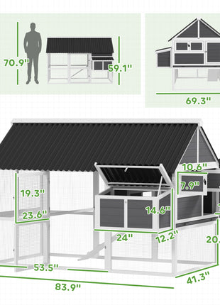 Wooden Chicken Coop with Run, 2 Nesting Boxes, 2 Roosting Bars, Ramp & Tray, Poultry Cage for 4-6 Chickens, Gray