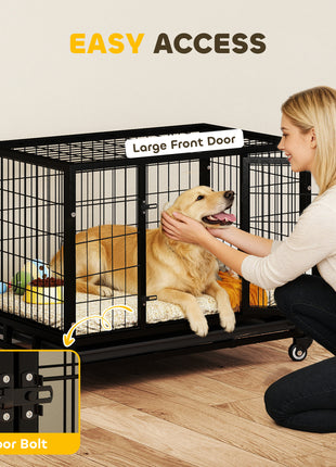 36" Heavy Duty Dog Crate with Removable Tray, Lockable Wheels and Double Door, for Medium and Large Dogs, Black
