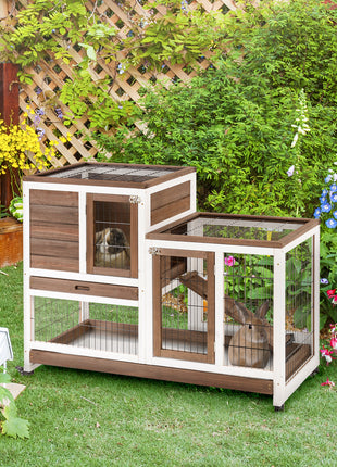 Wooden Rabbit Hutch Elevated Bunny Cage Indoor Small Animal Habitat with Enclosed Run with Wheels, Ramp, Removable Tray for Rabbits, Chickens, Ducks, Guinea Pigs, Brown