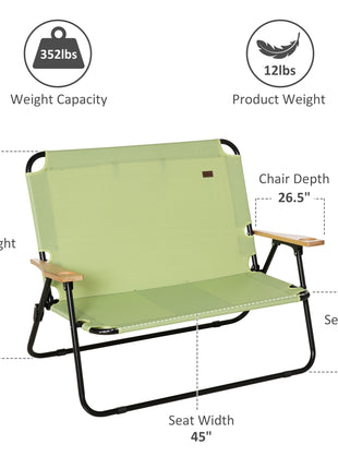 Double Folding Camping Chair, Loveseat for 2 Adults, Portable Camping Couch with Wood Armrest & Cupholders, for Backpacking, Beach, Sports Travel, Green