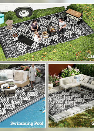 Reversible Outdoor Rug, Waterproof Plastic Straw with Carry Bag, 9' x 18', Black & White Rhombus Border