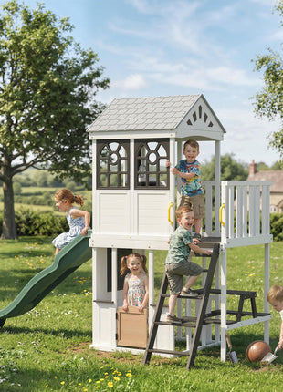 Two-Story Outdoor Playhouse, Wooden Kids Playhouse with Slide, Table & Bench, Play Kitchen, Ladder, Blackboard, White
