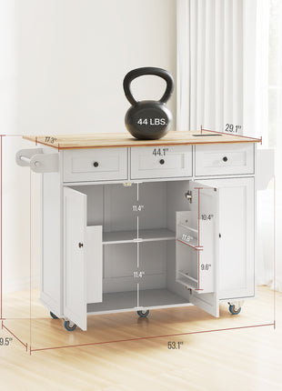 Kitchen Island on Wheels with Drop Leaf, Charging Station, Rolling Kitchen Cart with Wood Top, Adjustable Shelf, White