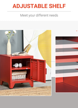 Industrial End Table, Living Room Side Table with Locker-Style Door and Adjustable Shelf, Red
