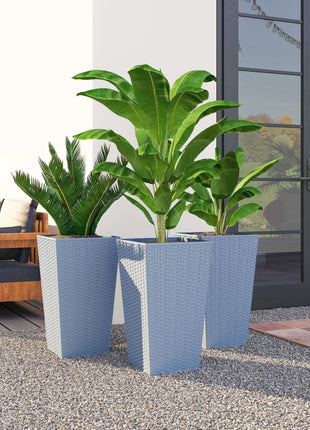 Tall Planters for Outdoor Plants Set of 3, 24 In Taper Planters with Drainage Holes, Rattan Decor Plant Pots, Light Gray
