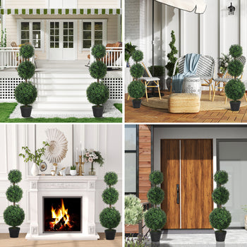 Set of 2 Artificial Ball Boxwood Topiary Trees, Fake Plants in Pot for Indoor Outdoor Living Room Green