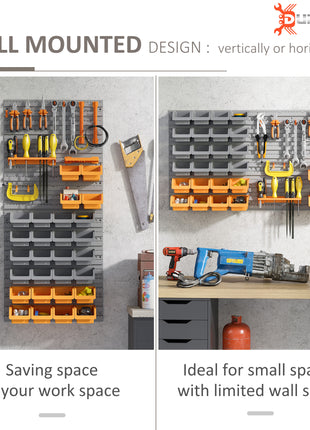 44 PCS Wall Mounted Pegboard Tool Organizer Rack Kit with Various Sized Storage Bins, Pegboard and Hooks, Orange