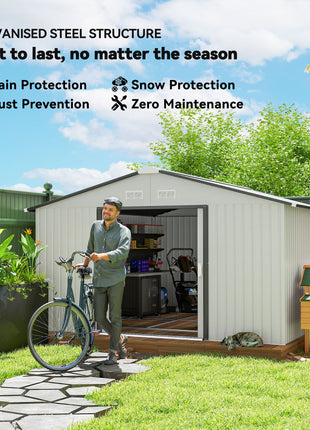Garden Metal Shed, Storage Shed Utility Storage with Double Locking Doors for Bike, Yard Tools, White
