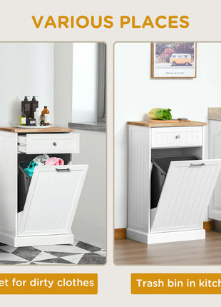 10 Gallon Tilt Out Trash Cabinet, Wooden Hidden Trash Can with Storage Drawer for Kitchen, Laundry Hamper Cabinet for Bathroom, White