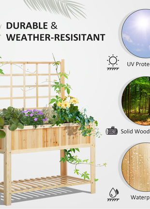 47'' Wooden Raised Garden Bed with Trellis, Coutryside Style Elevated Planter Box Stand with Open Storage Shelf, Spacious Planting Area for Vegetables, Herbs, Flowers