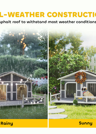 Dog House Outdoor, Wooden Dog Kennel Weatherproof with Porch, Openable Roof, Removable Bottom, Elevated Floor, Double Room for 2 Small to Medium Breeds, Gray