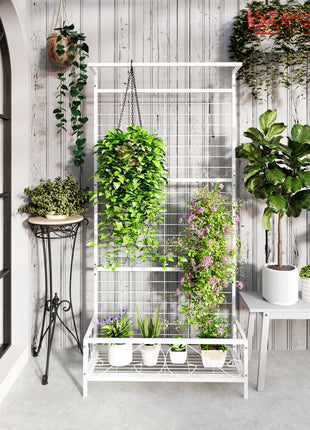 Metal Tall Plant Stand with Trellis and Hanging Bar, Plant Holder for Indoor Outdoor Use, 35" x 12.8" x 74", White