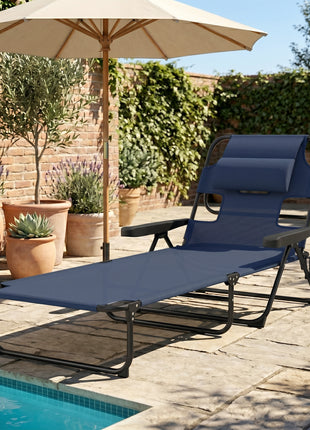 Folding Lounge Chair w/ Reclining Back, Navy Blue
