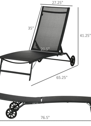 Chaise Lounge Outdoor, 2 Piece Lounge Chair with Wheels, Tanning Chair with 5 Adjustable Positions for Patio, Beach, Yard, Pool, Black