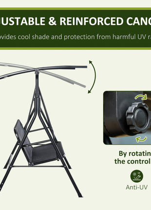 2-Seater Patio Swing Chair, Outdoor Adjustable Canopy Porch Swing with Armrests, Texeline Fabric and Steel Frame, Black