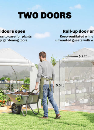 10'x11'x6' Walk-in Tunnel Greenhouse with Shelves, Mesh Door and Windows, Plant Hot House with PE Cover, White