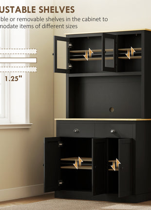 Freestanding Kitchen Cabinet, 71" Tall Pantry Cabinet, Modern Hutch with Wide Countertop, Adjustable Shelves, Black